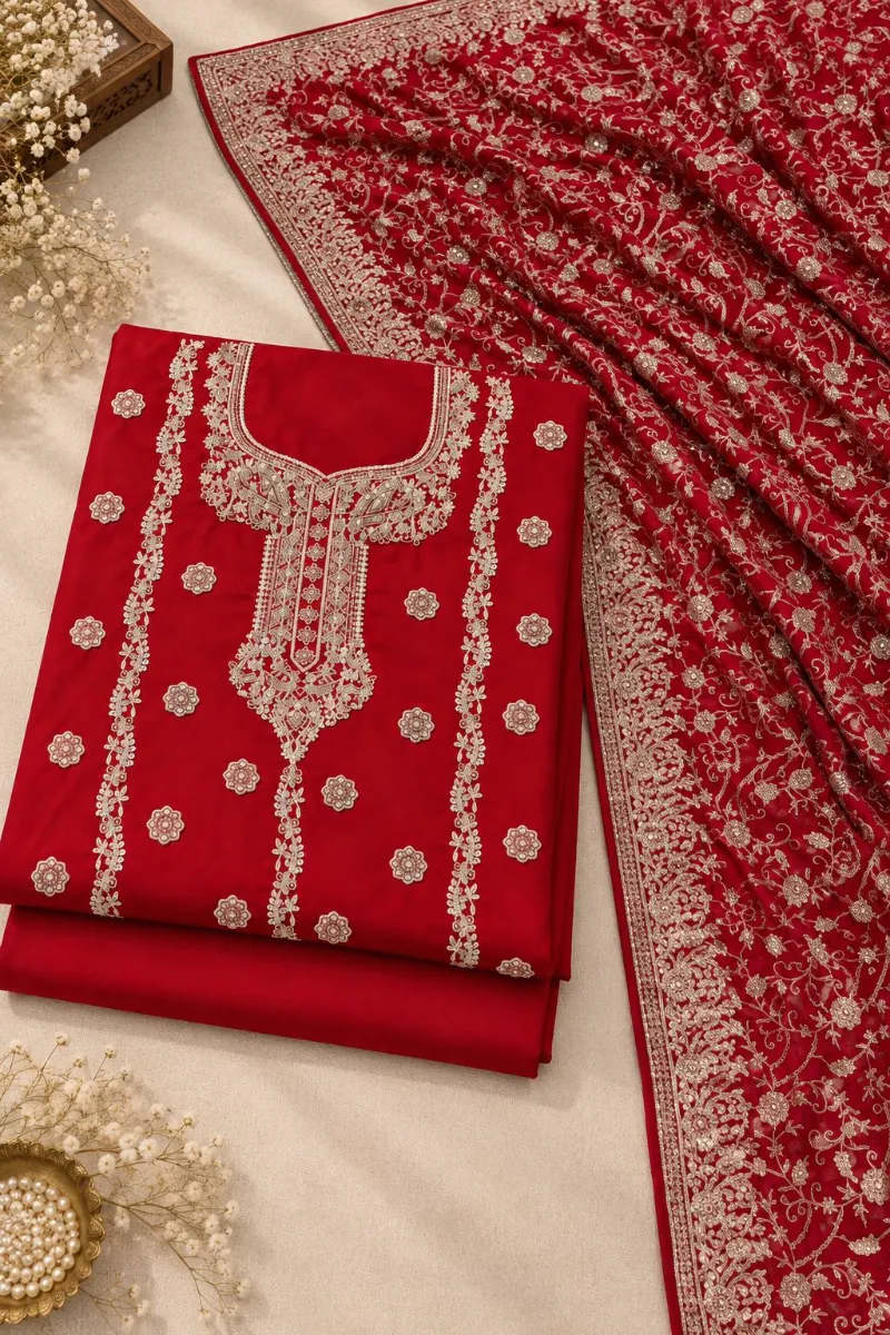 Rich Red Silk Fully Hand-embellished With Silver stone - View 1