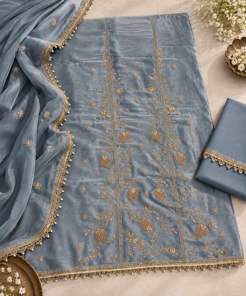 A dreamy dusty-blue Giraffe fabric kurta - View 1