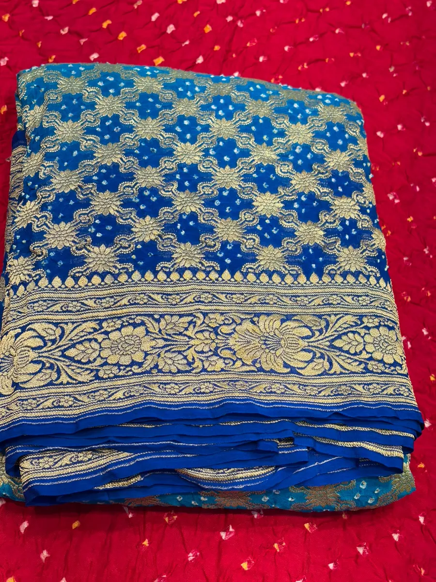 A stunning royal blue pure Khaddi Bandhani saree - View 1