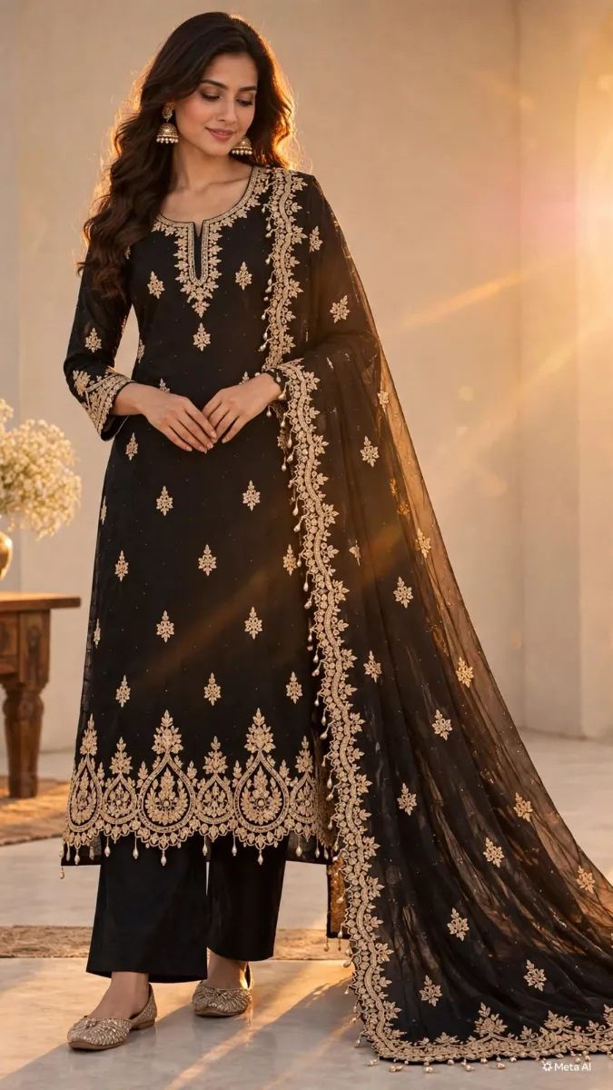 An elegant black pure organza kurta - View 1